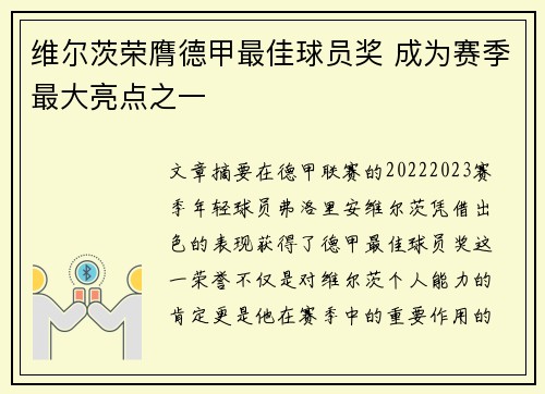 维尔茨荣膺德甲最佳球员奖 成为赛季最大亮点之一 维尔茨荣膺德甲最佳球员奖 成为赛季最大亮点之一